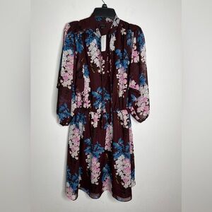 Ann Taylor Burgundy Floral Long Puff Sleeve Knee Length Dress Women's Size Small